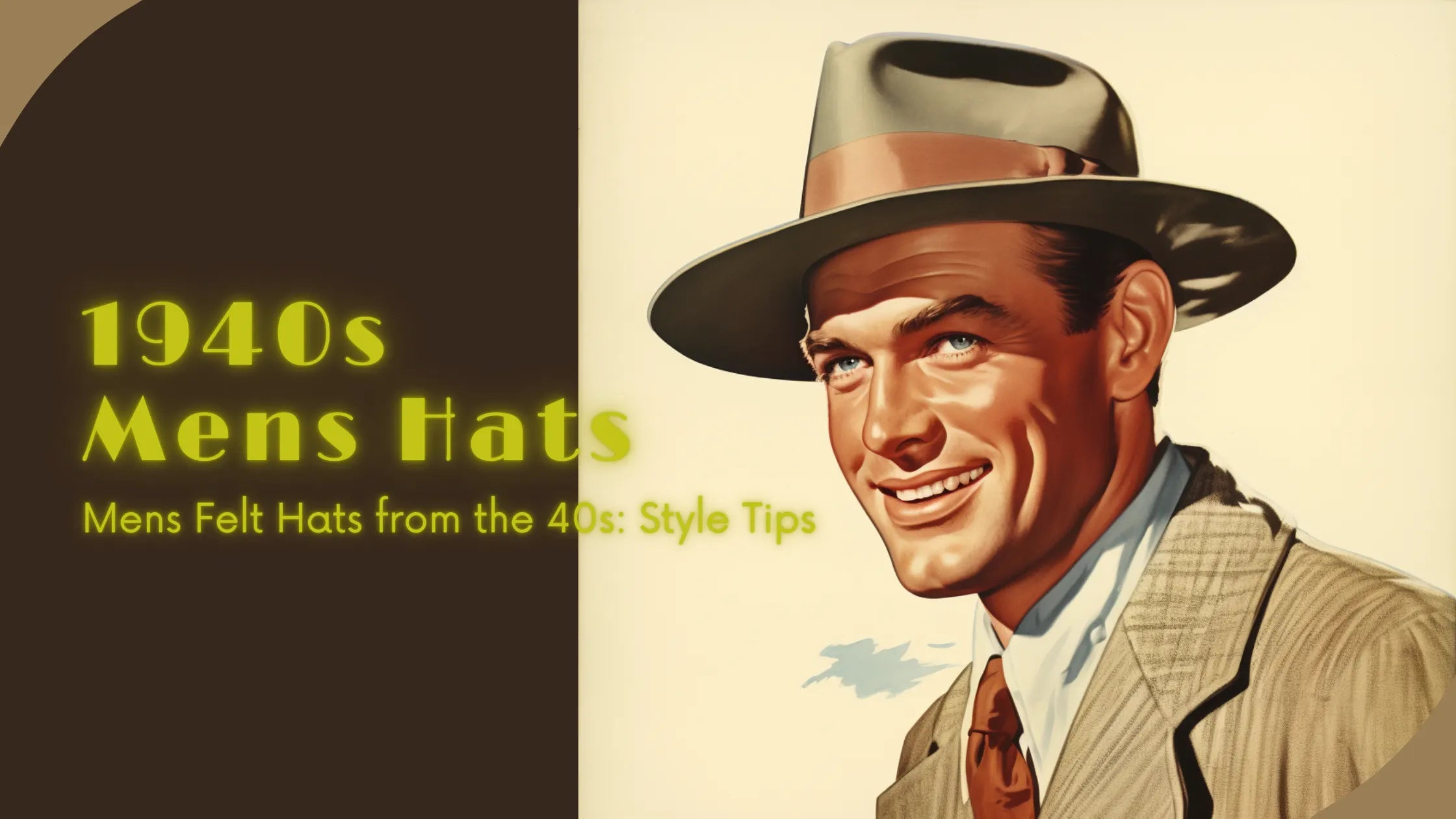 Illustrative banner featuring a smiling man from the 1940s wearing a stylish fedora hat, highlighting the charm and elegance of 1940s men's fashion.