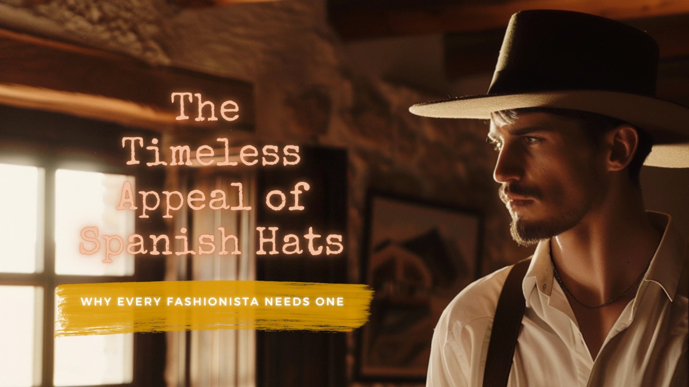 Man wearing a wide-brimmed Spanish hat stands in a rustic room, evoking the timeless elegance of Spanish hats, as highlighted in the article titled 'The Timeless Appeal of Spanish Hats.