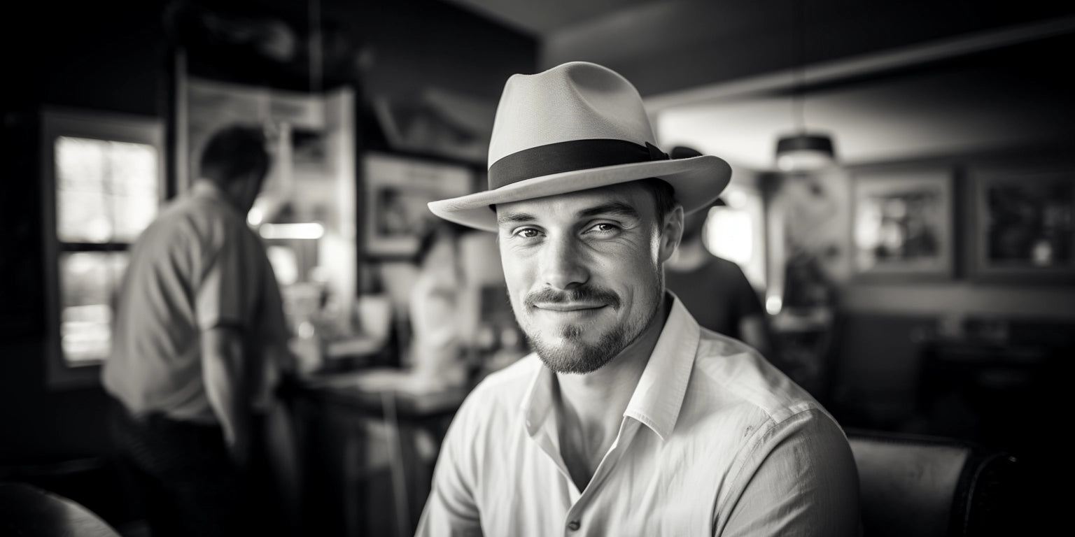 Man in a cafe wearing a stylish center-creased vintage felt fedora hat, embodying classic charm and modern elegance