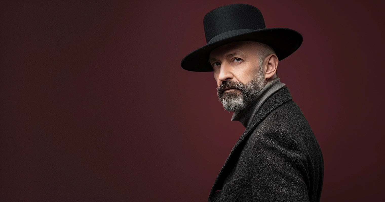 A distinguished middle-aged man with a beard, wearing a classic bolero hat and a grey wool coat, presents a strong and elegant profile against a deep red background