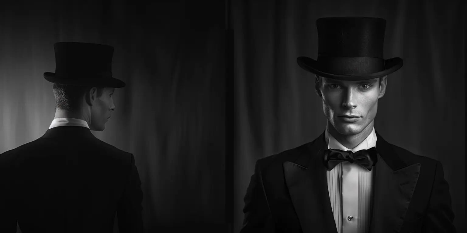 Elegant men in a formal black tuxedos and traditional top hats captured in a black and white portrait, reflecting the sophistication of men's formal headwear.