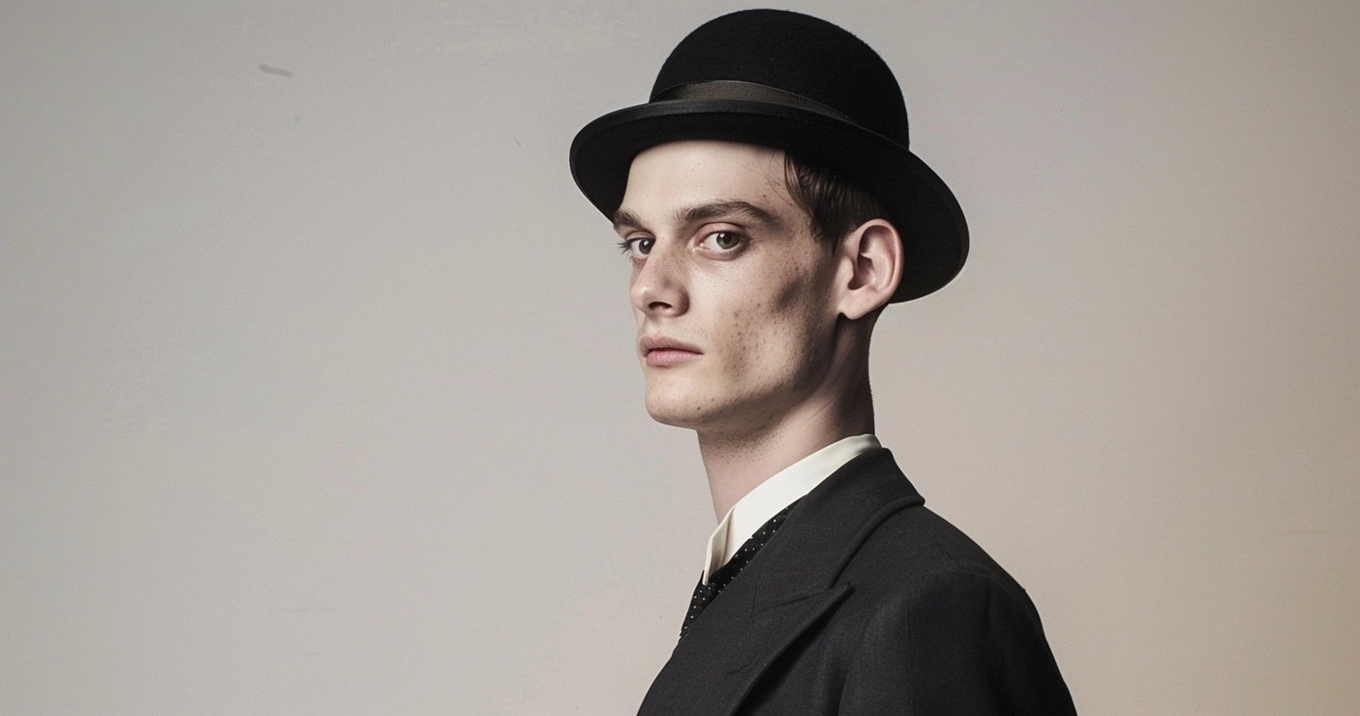 Portrait of a young man with striking features wearing a classic bowler hat and a black suit, set against a simple studio backdrop, embodying the timeless elegance of the bowler hat.