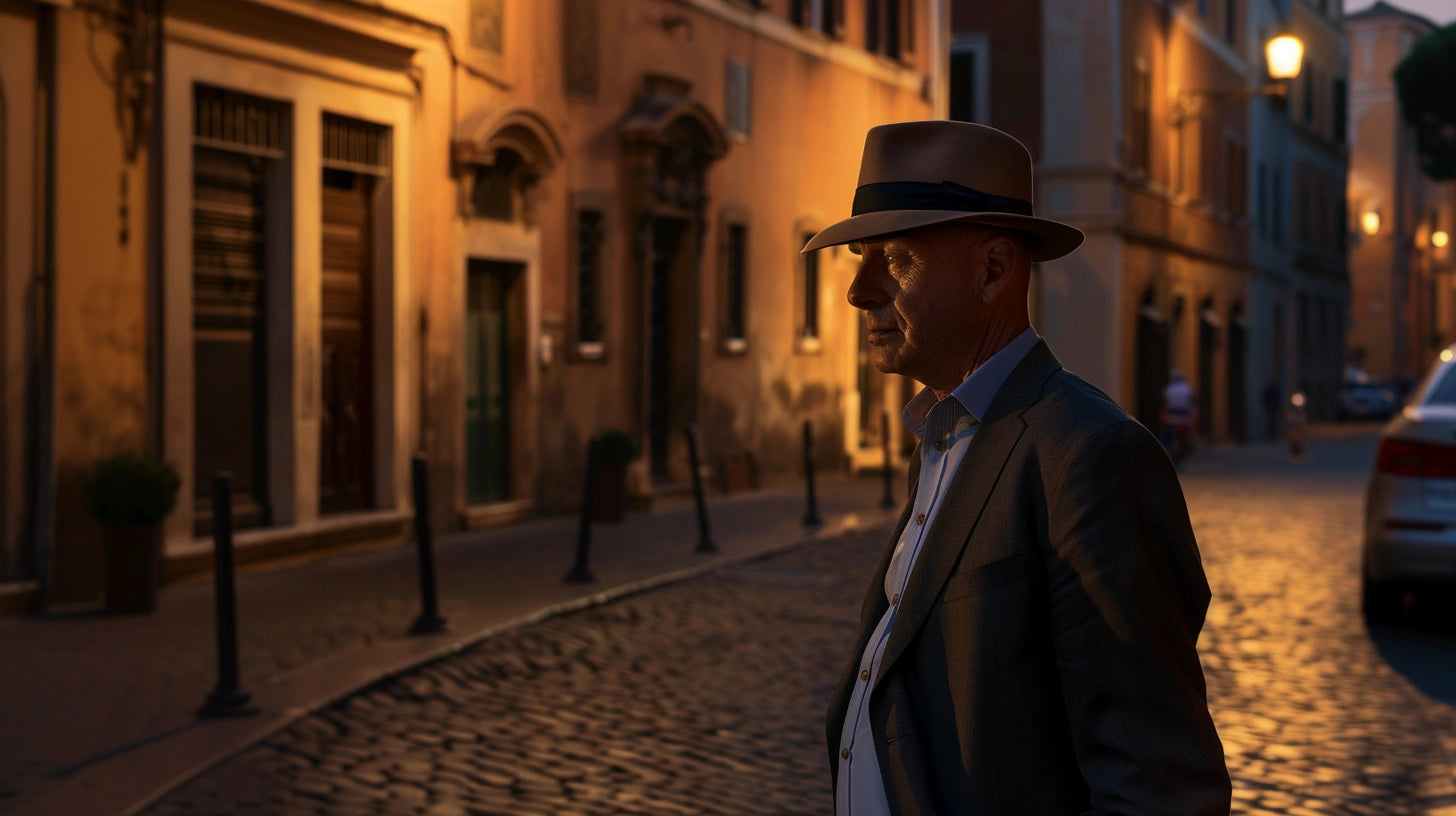 An elegant mature man in a grey fedora hat and suit walking on a cobblestone street at sunset, the warm glow illuminating the historic architecture of a European city.