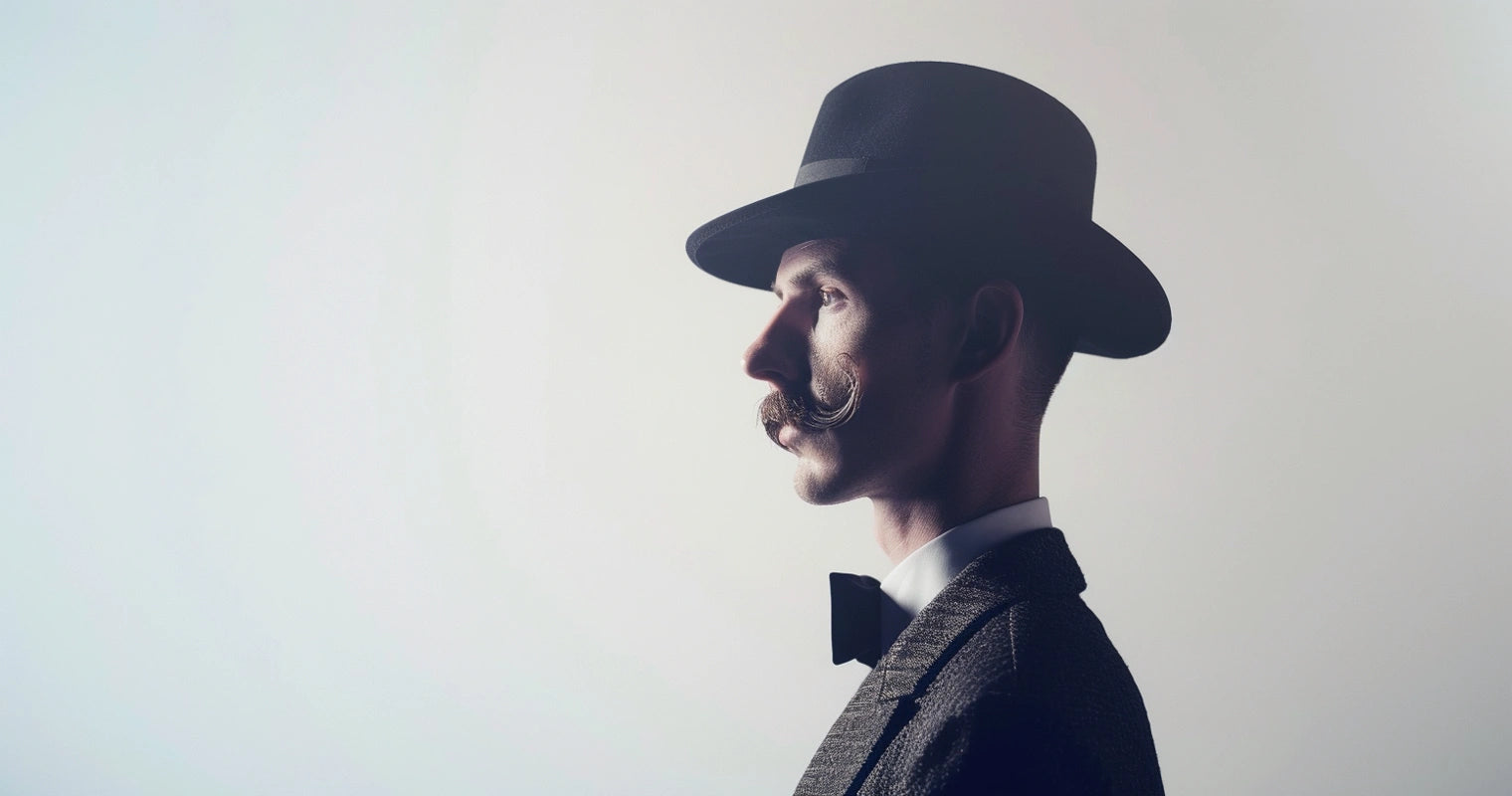 A profile portrait of a man with a meticulously styled mustache wearing an iconic 1920s style black hat and a bow tie, against a minimalist white background.