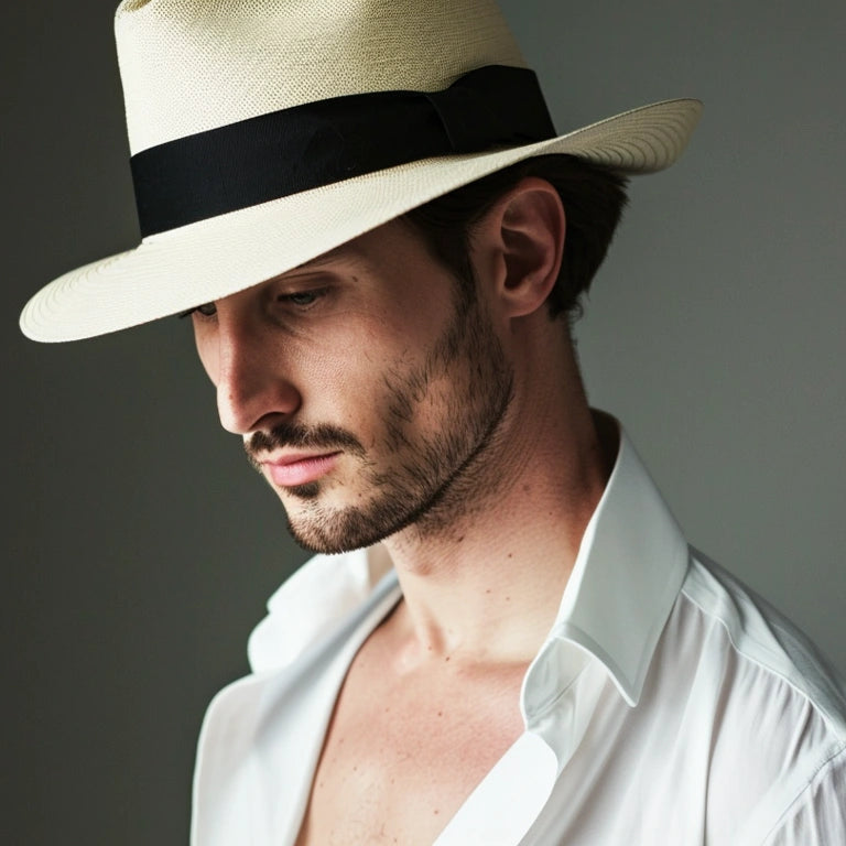Elegant man in a white Panama fedora hat with a black ribbon, wearing a white open-collar shirt, looking contemplative against a subdued background.