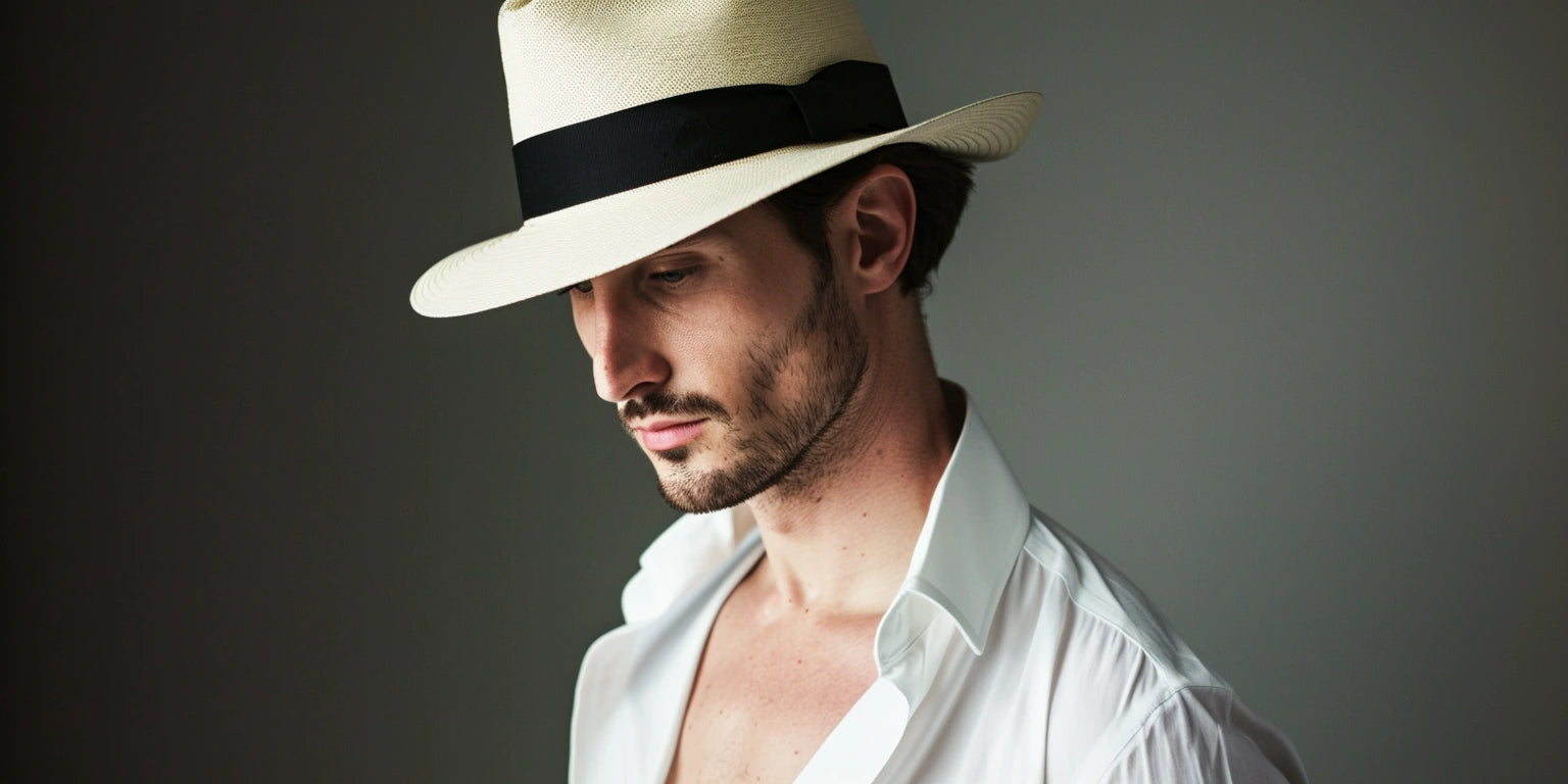 Elegant man in a white Panama fedora hat with a black ribbon, wearing a white open-collar shirt, looking contemplative against a subdued background.
