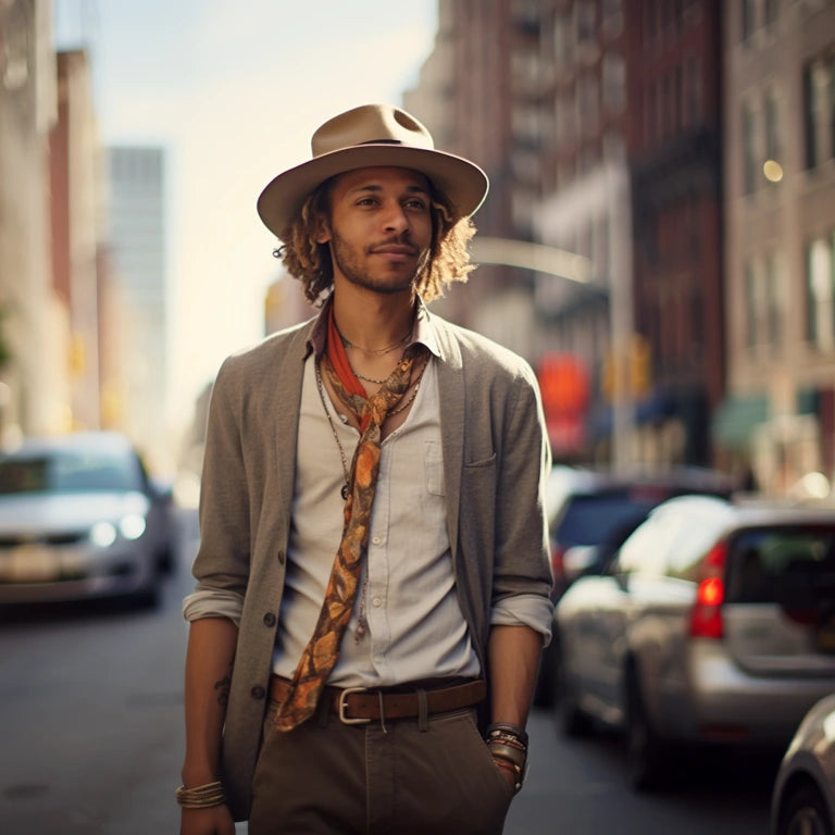 A stylish man in an urban setting wears a chic wide-brimmed hat, embodying sophistication as he navigates the city streets.