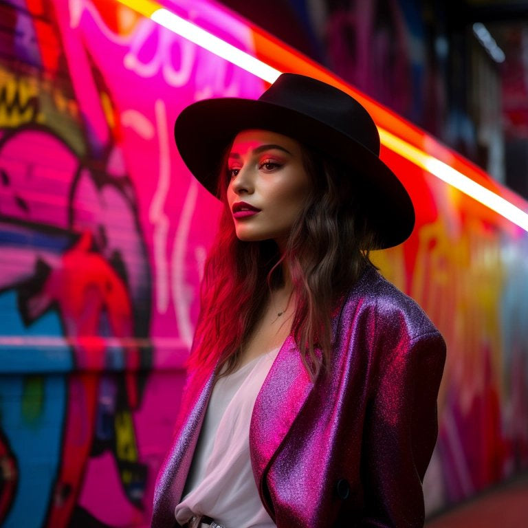 A stylish woman in a vibrant urban setting, wearing a wide brim fedora hat by Agnoulita, which adds a sophisticated touch to her fashionable outfit.