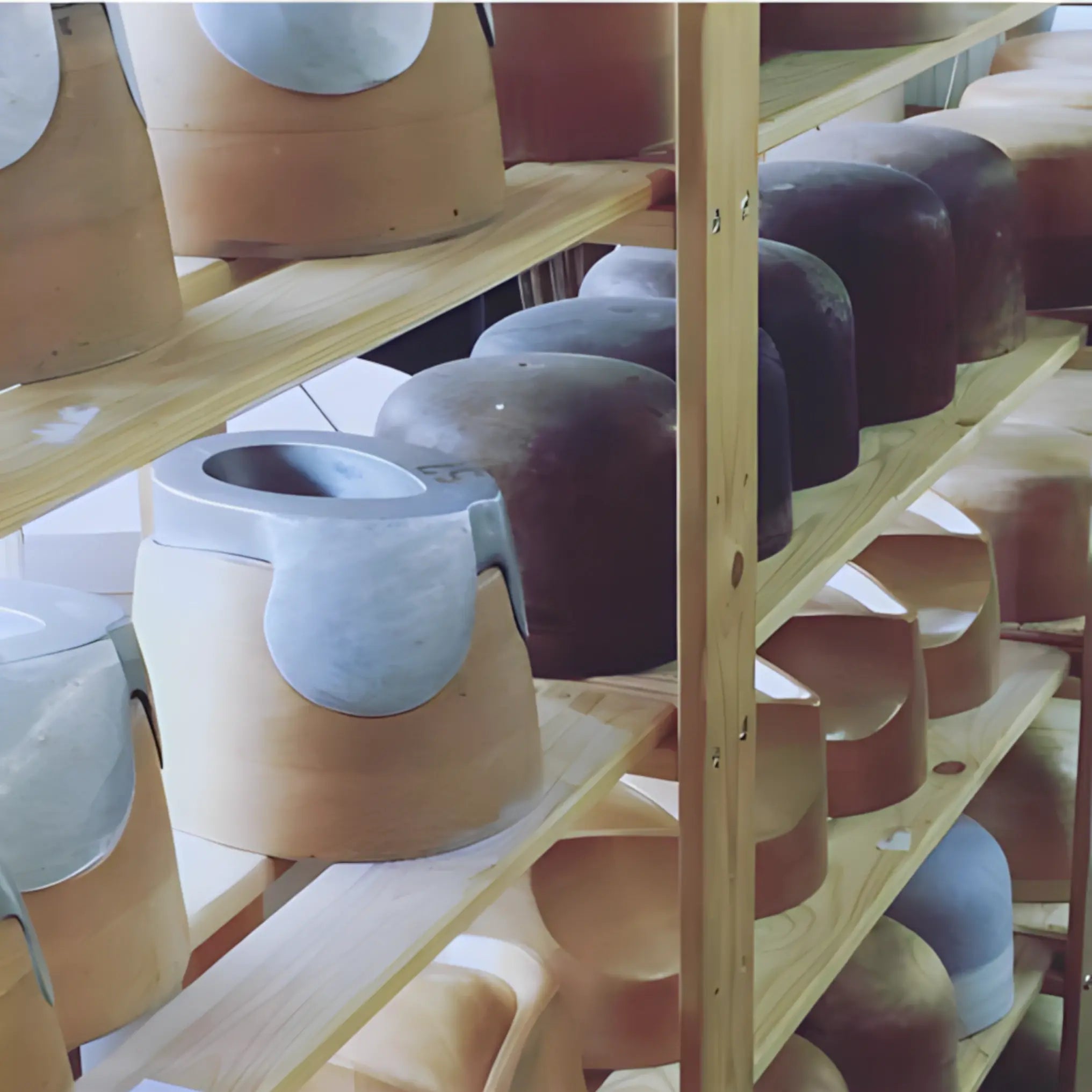 Shelves filled with a variety of vintage hat blocks, used in the creation of Agnoulita Hats