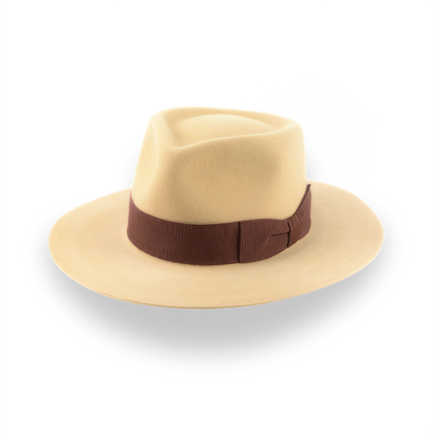 Sombrero Fedora de ala ancha amarillo galleta en fieltro de piel elegante | El oxidado 11