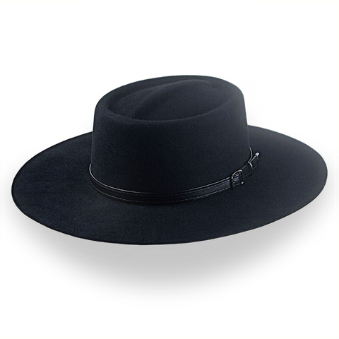 Black Wide Brim Cowboy Hat in Fur Felt | The Gambler