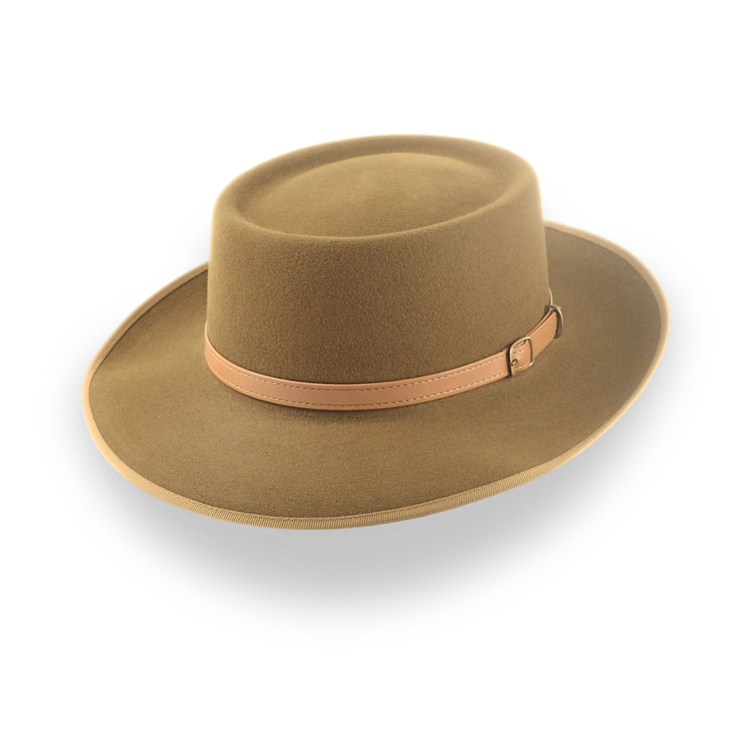 Brown fedora with black leather belt/ wide brim/stylist offers fedora