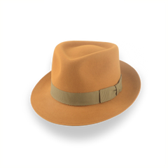 Orangefarbener Trilby Fedora-Hut mit schmaler Krempe und stilvollem Pelzbesatz | The Colombo