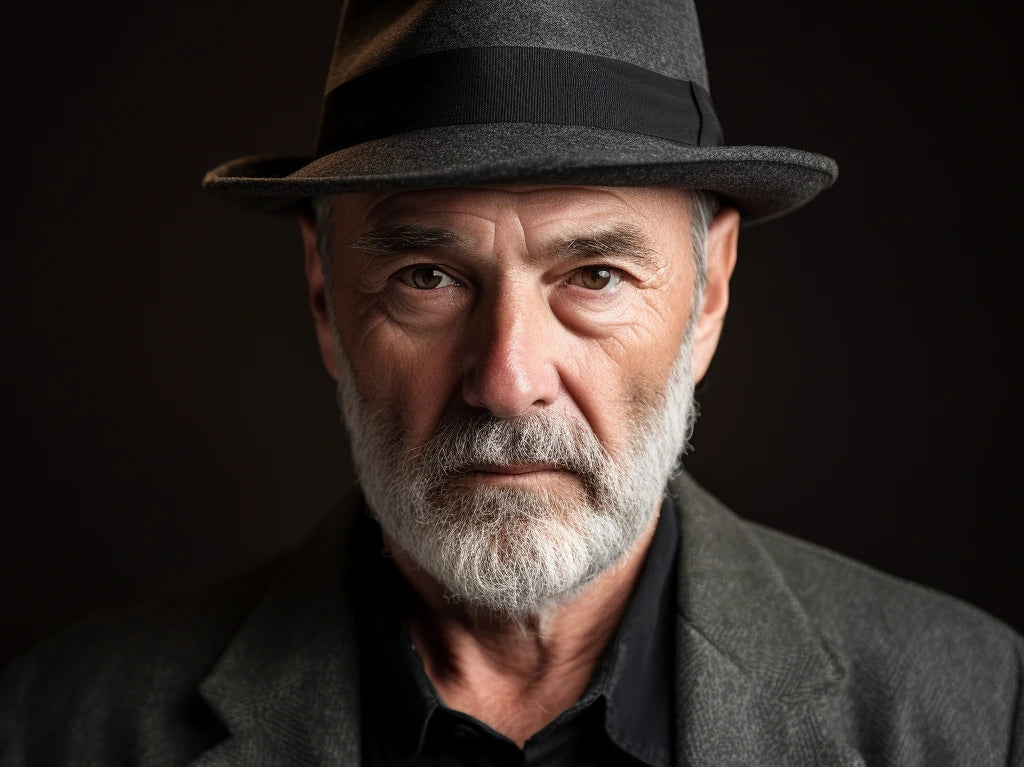 An aged man with a chiseled face, reflecting wisdom and grace, wears a charcoal gray soft felt Fedora with a teardrop shape and a brim width of around 2.5 inches, naturally curled upwards at the sides.