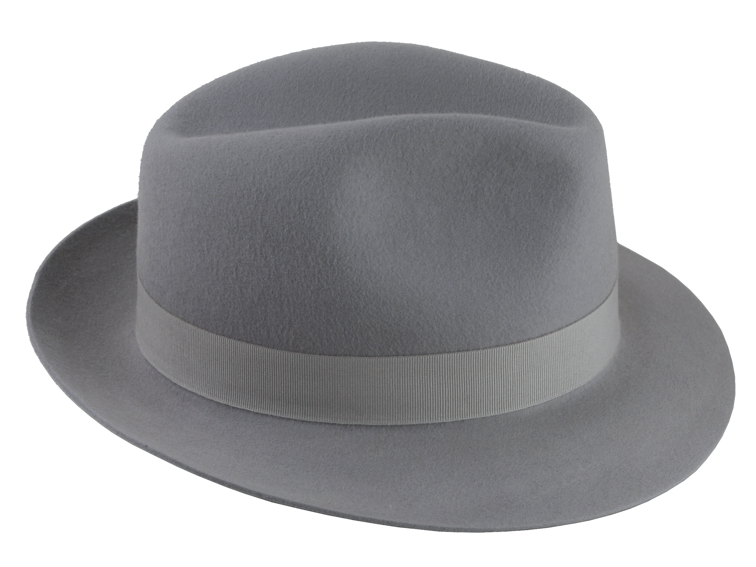 Side view of the Phoenix Fedora highlighting the raw-edge snap brim and light grey grosgrain ribbon hatband.