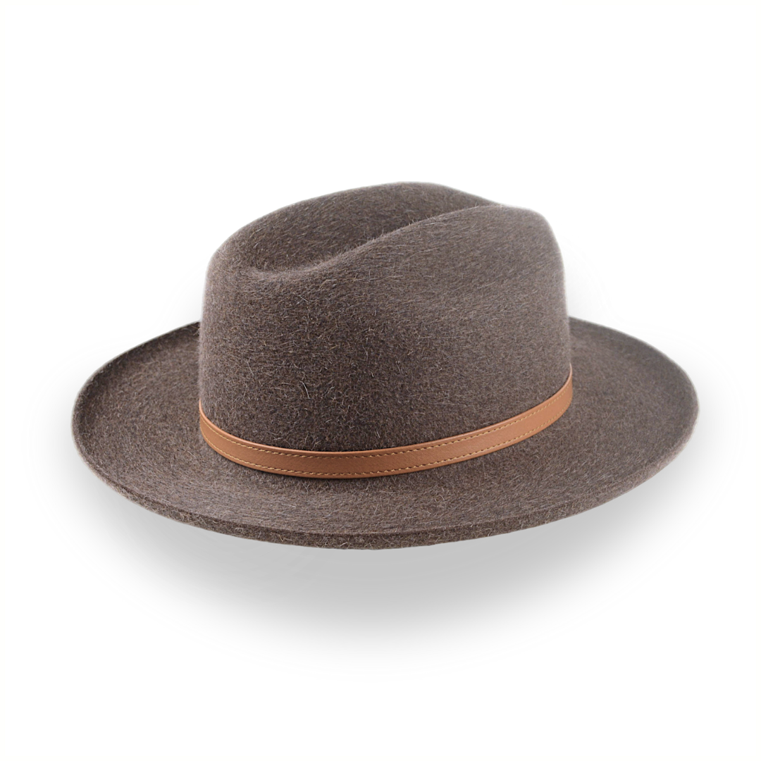 Brown fedora with black leather belt/ wide brim/stylist offers fedora