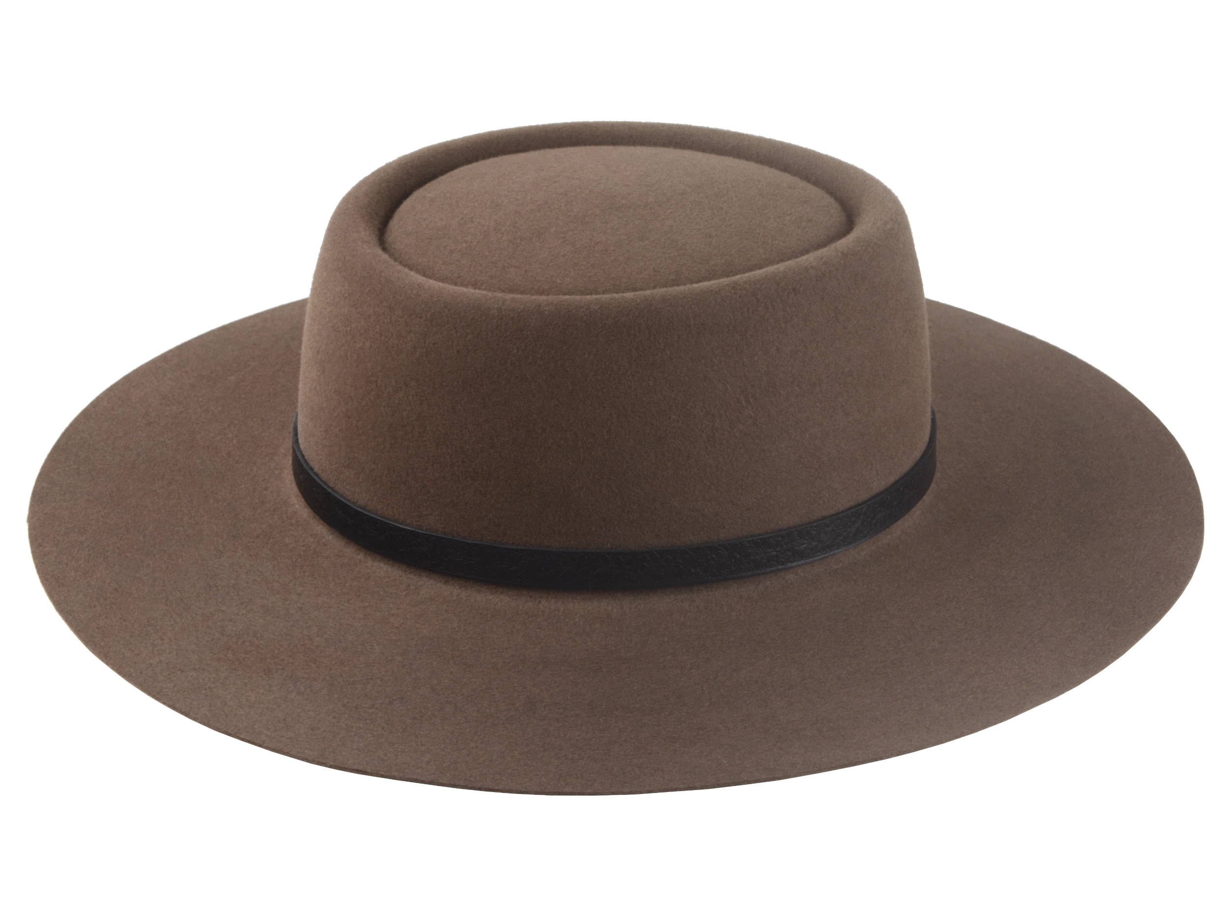 The Pioneer: Perspective shot emphasizing the 3 5/8-inch raw-edge flat brim for broad coverage | Agnoulita Hats