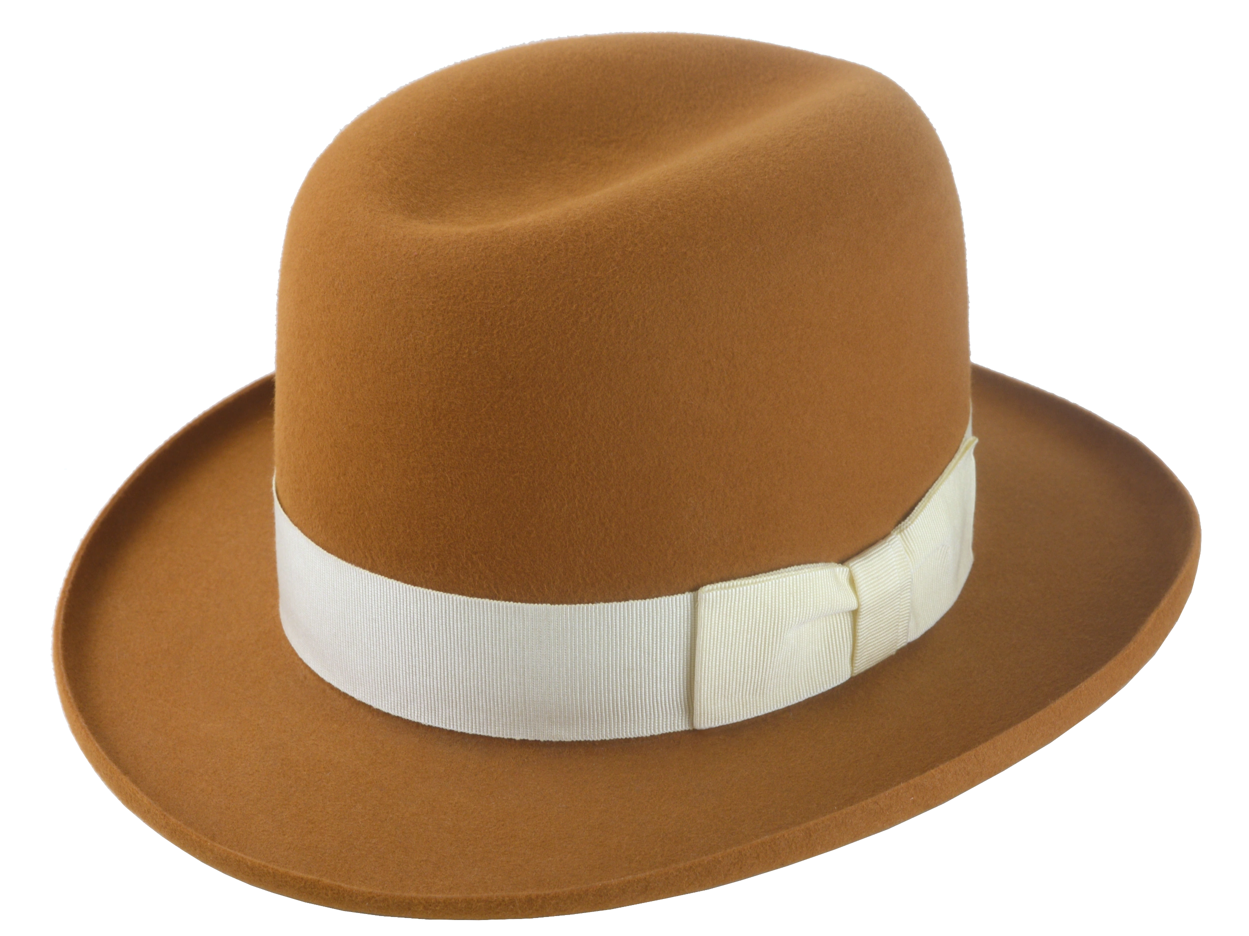 High-angle shot of the Derringer homburg fedora, featuring its raw-edge rolled brim and grosgrain ribbon hatband