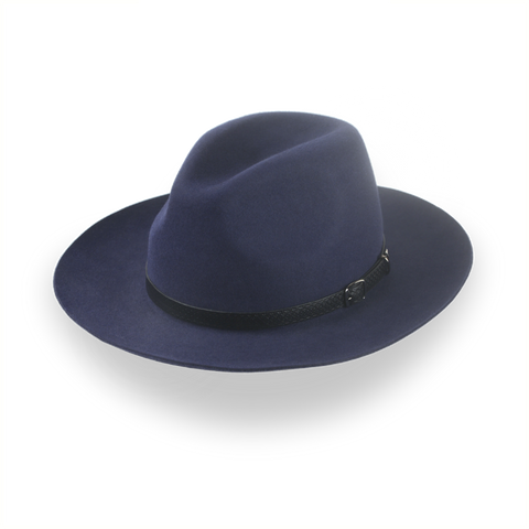 Dark Blue Outback Fur Felt Fedora with Leather Hat Belt | The Rebel