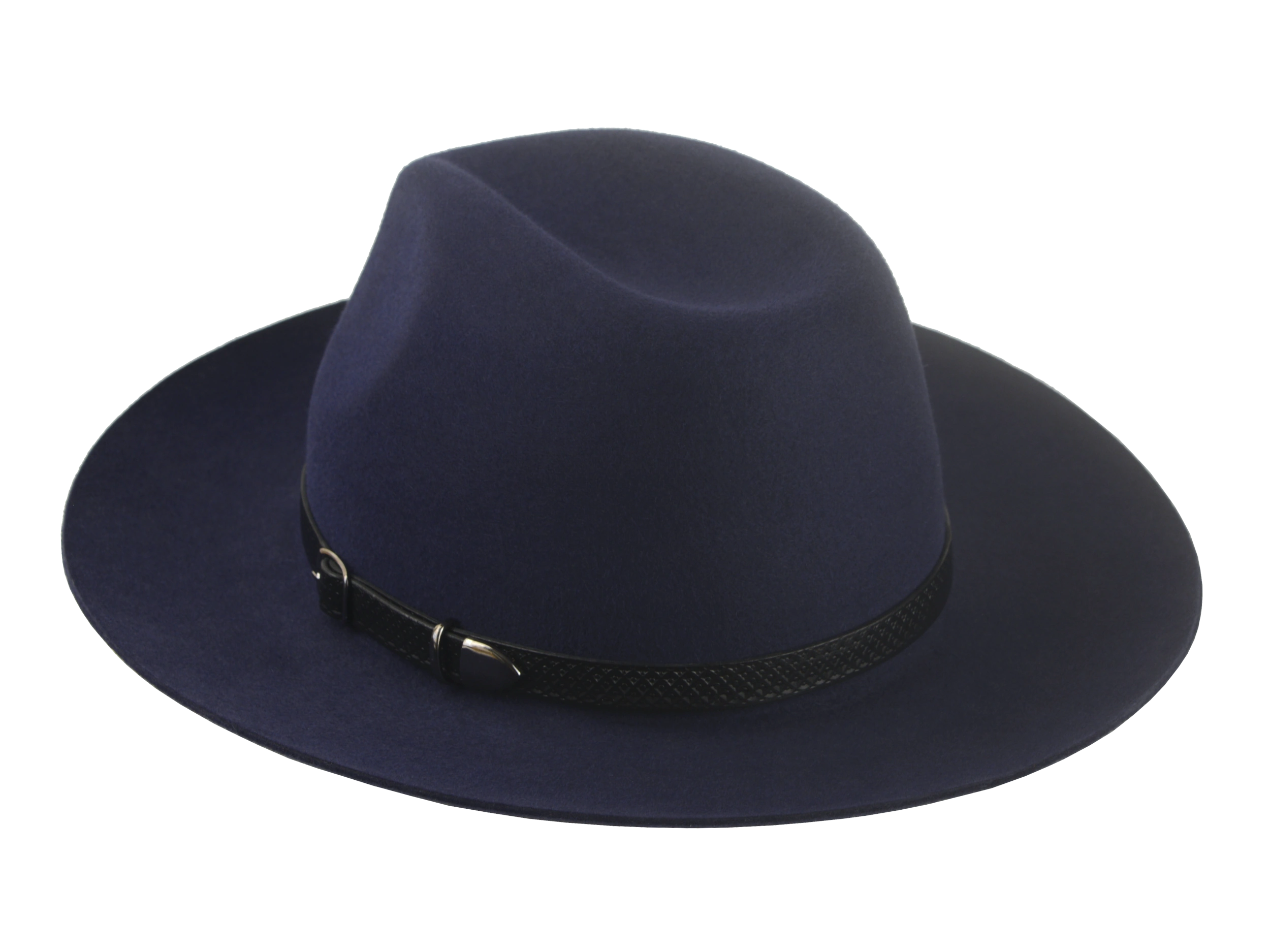 The Rebel - Rabbit Fur Felt Wide Brim Fedora For Men or Women with Engraved Black Leather Hat Belt in Navy Blue Color | Agnoulita Quality Custom Hats 3