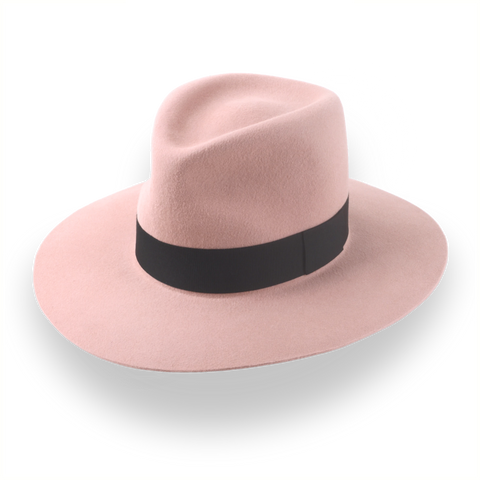 Cappello Fedora a tesa larga rosa polveroso in feltro di pelliccia premium | The Enigma