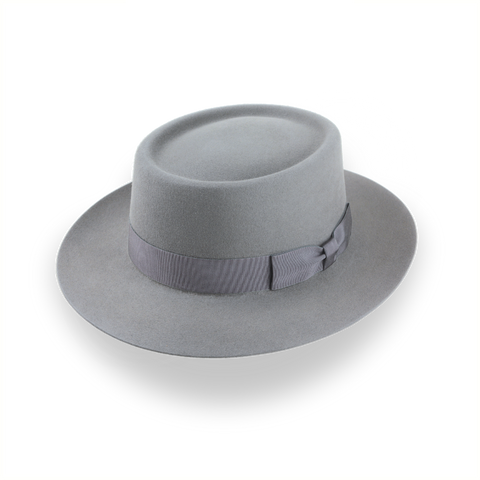 Grey Flat Top Wide Brim Fedora in Premium Fur Felt | The Player