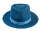 Full view of Equinox fedora hat, showcasing its fashionable silhouette and rich dark teal colo