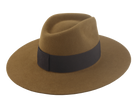 The Prairie: Angled view highlighting the 5" crown height and raw-edge flat brim | Agnoulita Hats