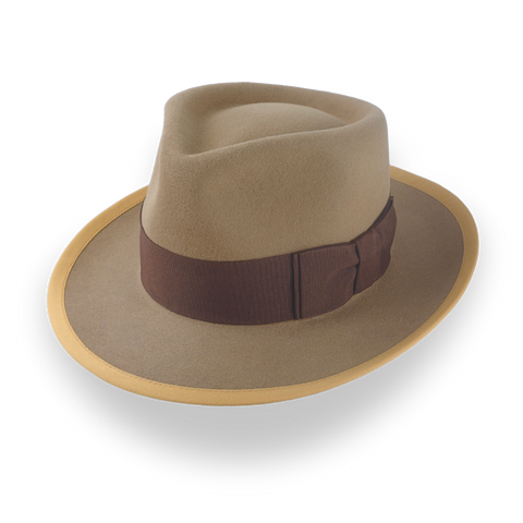 Fedora para hombre en forma de lágrima color camel claro con cinta para sombrero con doble lazo | El estentor