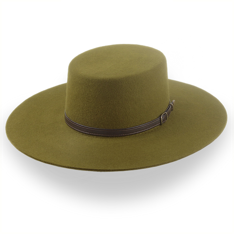 Chapeau de cowboy plat vert olive en feutre de laine premium | The Galloper