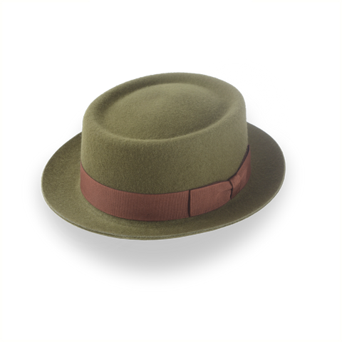 Olive Green Modern Porkpie Hat with Telescope Crown | The Topnote