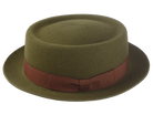 The Topnote: Detailed view of rust grosgrain ribbon hatband against olive felt | Agnoulita Hats