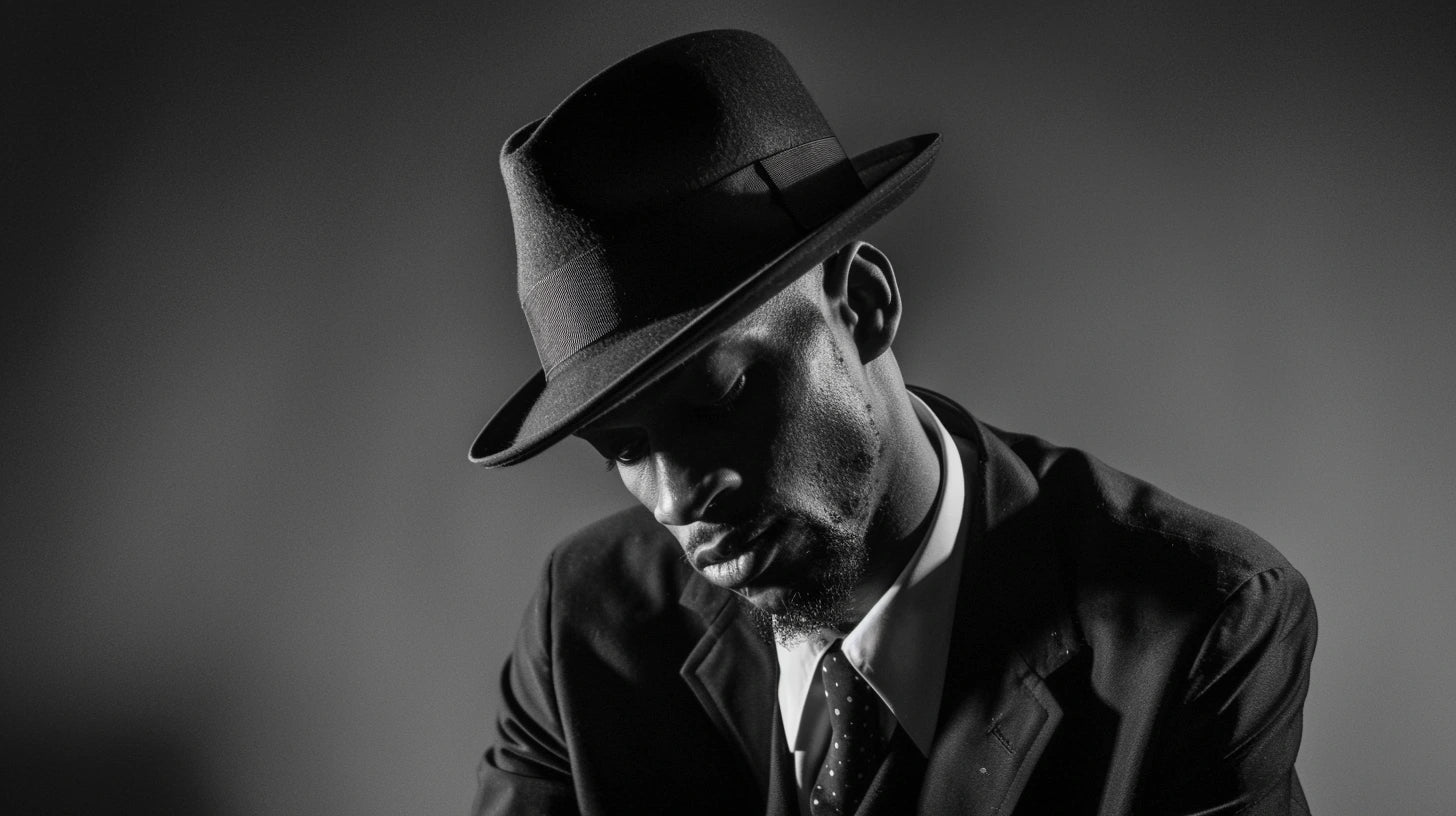 A somber black and white portrait of a man in a classic suit and a fedora hat, looking down thoughtfully, capturing the timeless elegance of classic men's fashion