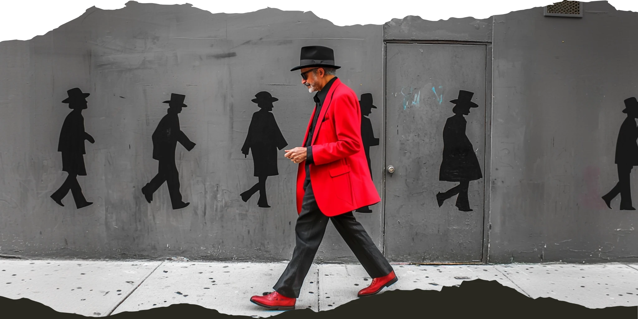 Stylish man in a vibrant red coat and black fedora walking confidently past a grey wall featuring black silhouettes of various hat styles, symbolizing diverse fashion choices.