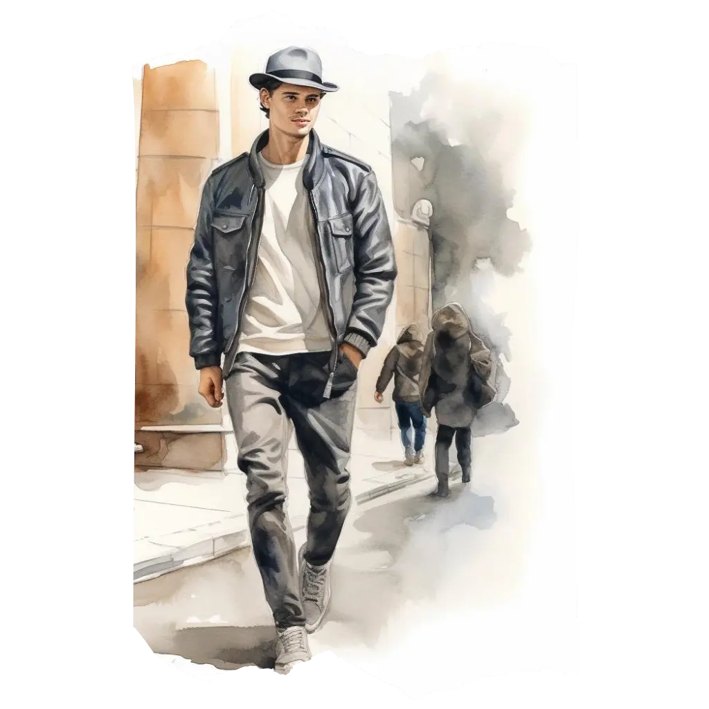 Urban man confidently strolling in a fashionable flat bill hat, embodying the perfect fit and style of Agnoulita Hats