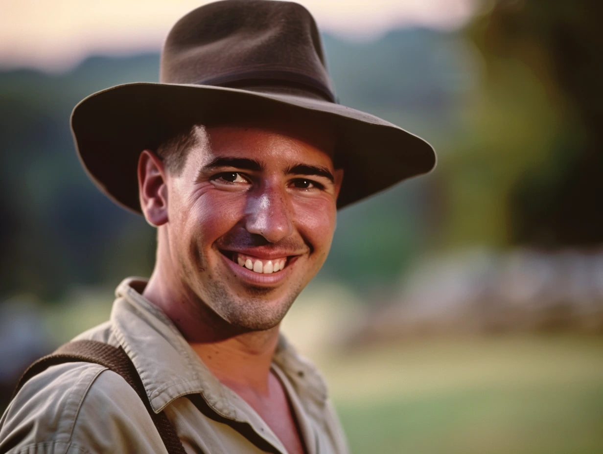 A cheerful man wearing an explorer’s outfit and a wide-brimmed hat, with a gentle smile, set against a blurred mountainous backdrop during twilight.