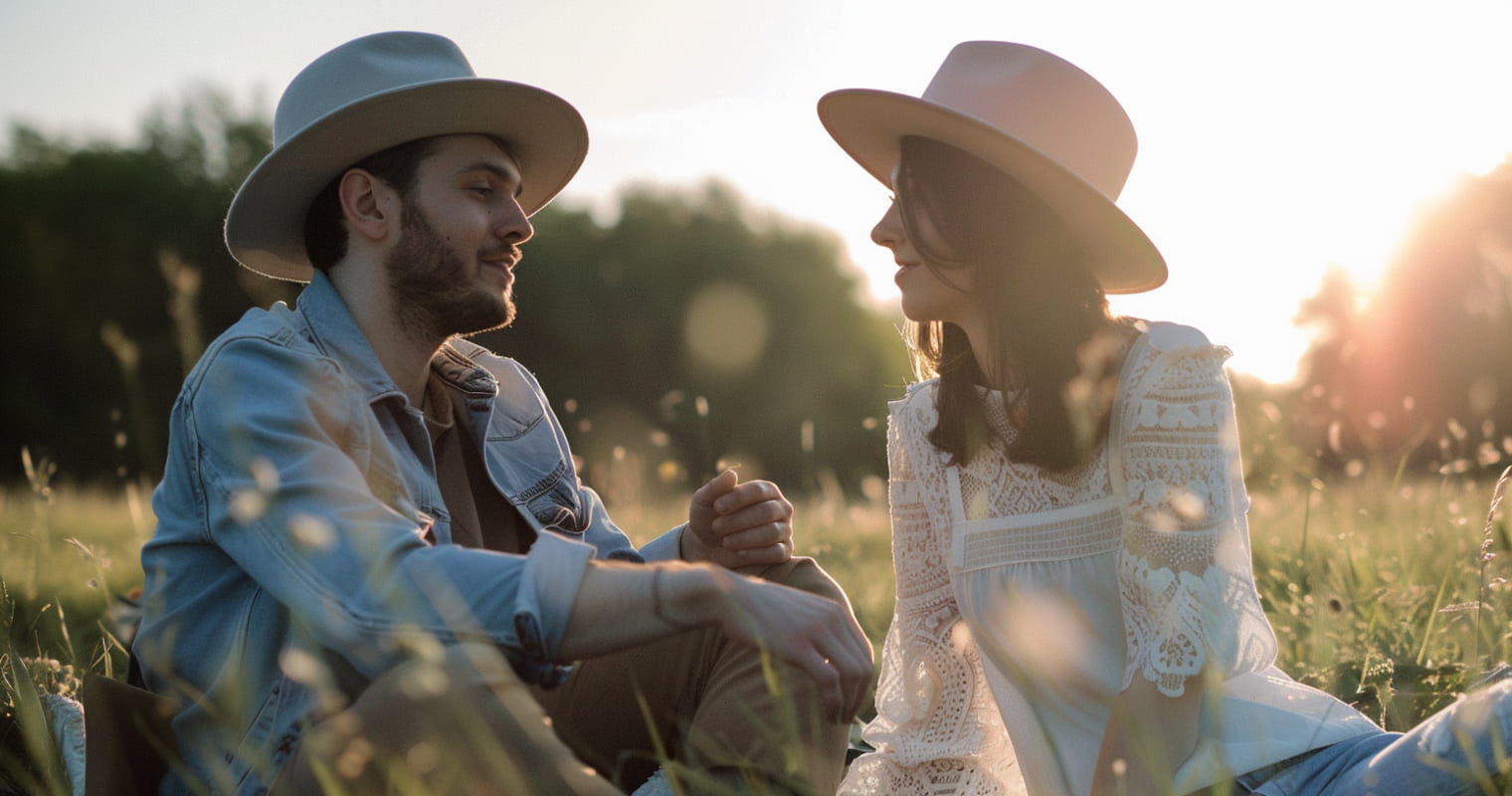 Young couple sitting in a sunlit meadow at sunset, both wearing stylish wide-brimmed hats, engaged in a tender conversation amidst the golden light.