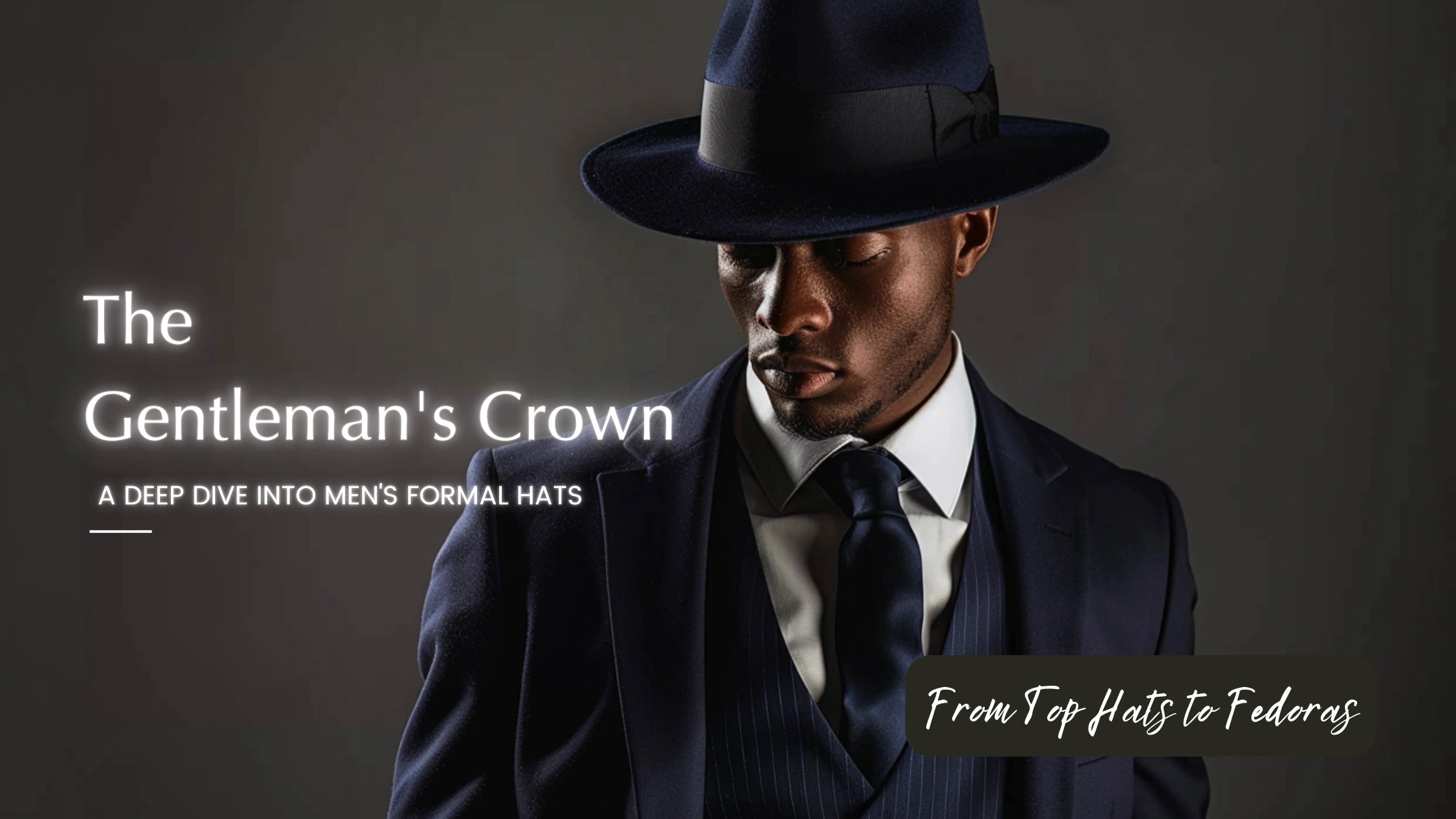 Sophisticated black man wearing a classic fedora hat and a dark suit, embodying the essence of men's formal hats in 'The Gentleman's Crown' blog post.