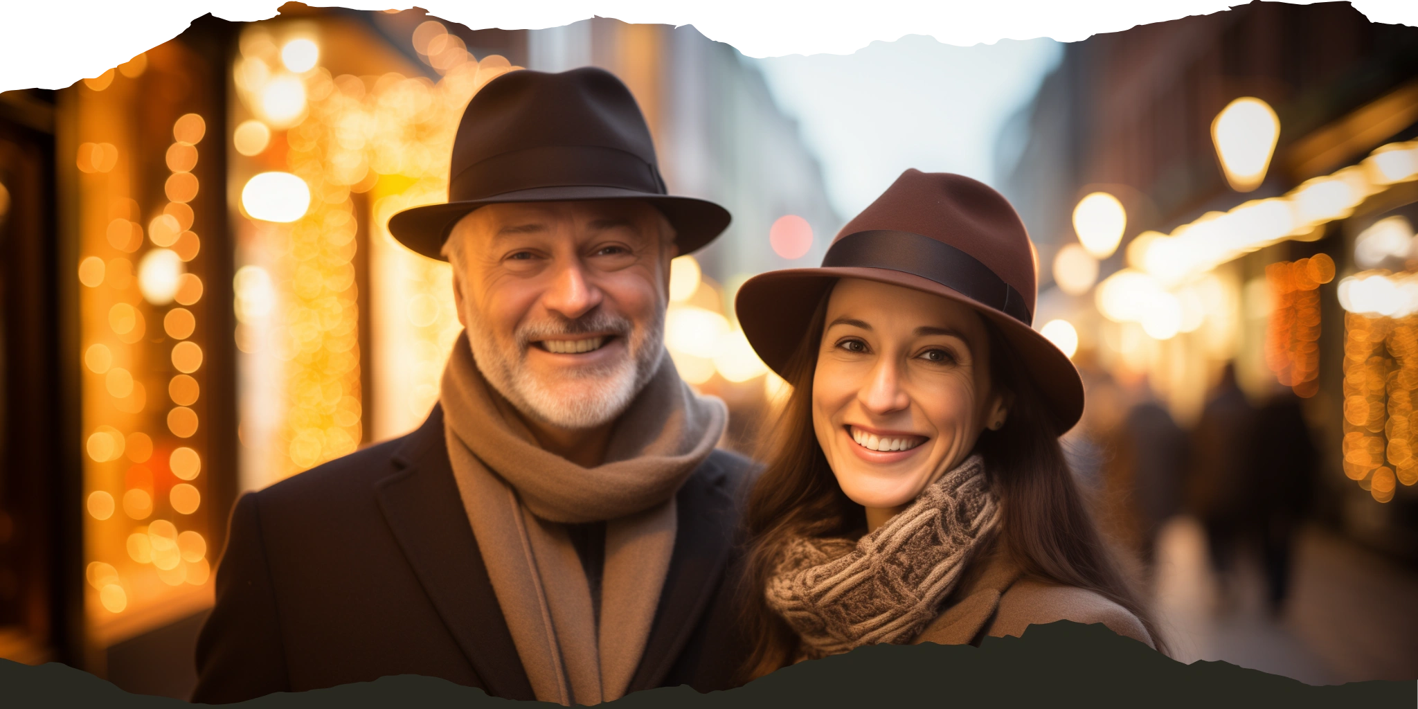 Cheerful older man and young woman in stylish fedoras, smiling in a festive outdoor shopping area with glowing lights in the background.