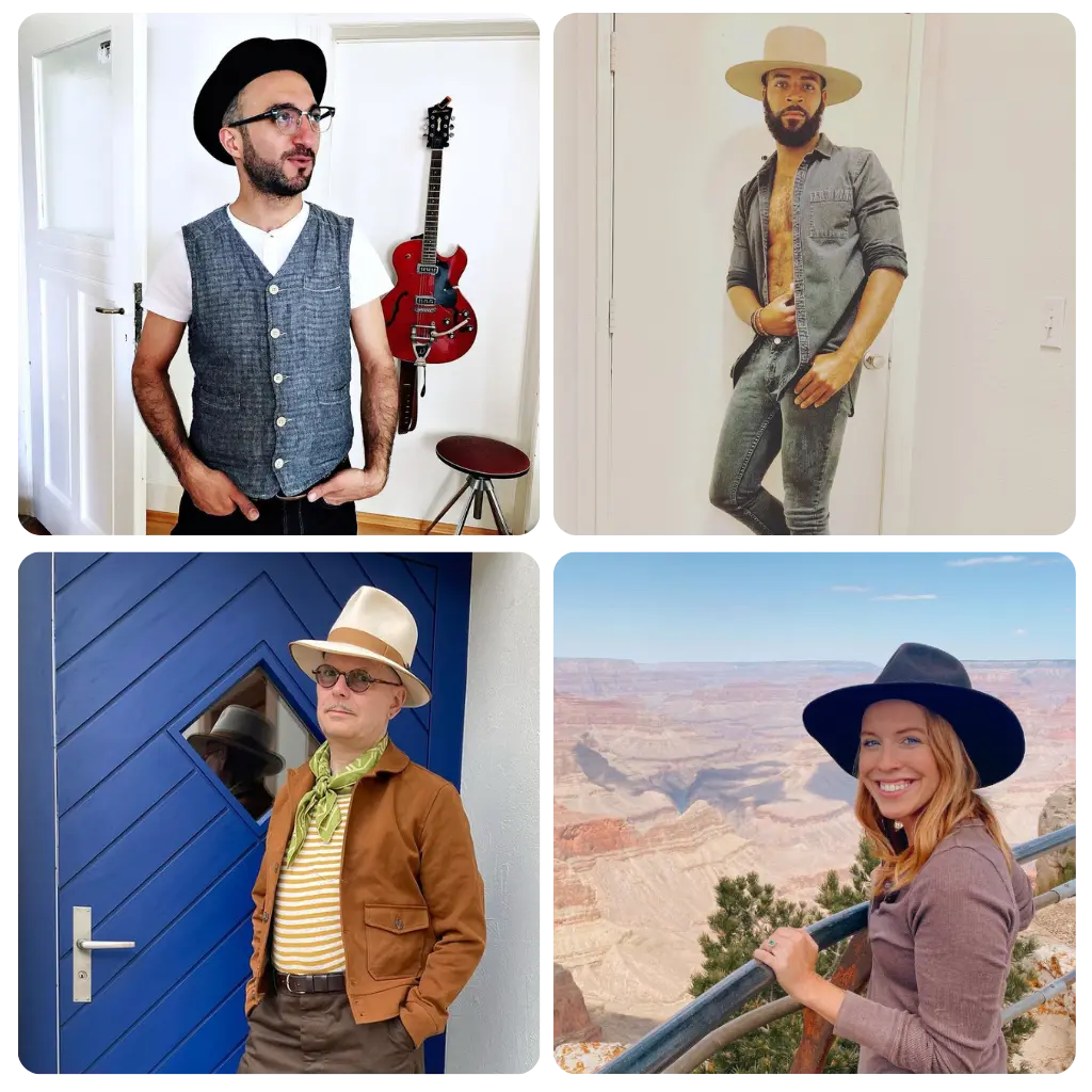 Collage of four stylish individuals each wearing unique hats: a man in a black fedora with a guitar, a man in a beige wide-brim hat against a desert backdrop, a man in a cream fedora at a blue door, and a woman in a navy blue hat overlooking the Grand Canyon