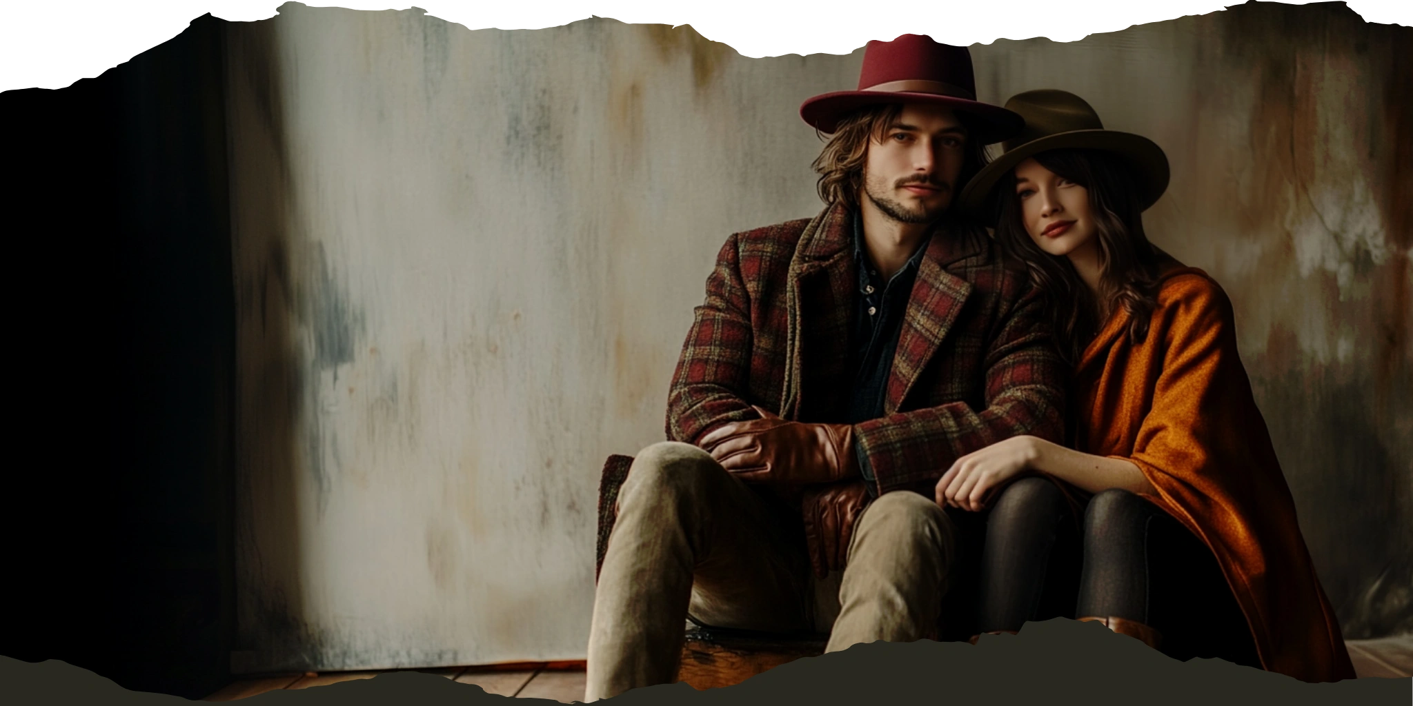 Stylish couple in warm autumn attire and fashionable hats sitting together, evoking a sense of closeness and style